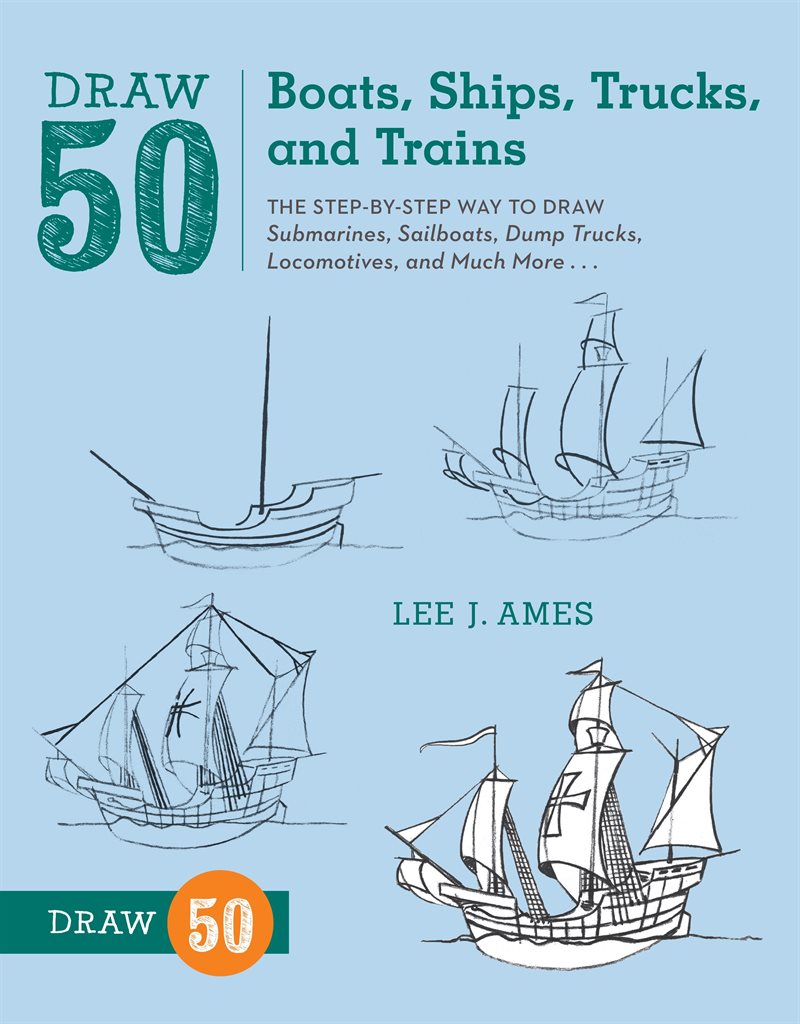 Draw 50 boats, ships, trucks, and trains