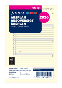 Filofax Pocket Refill 2026 Årsplan. Språk svensk/dansk/norsk